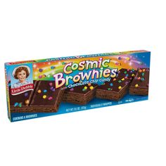 a box of cosmic brownies with chocolate and sprinkles on the side