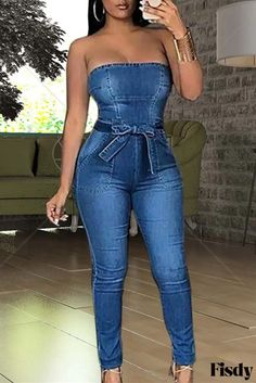 Fisdy - Stylish Dark Blue Solid Backless Strapless Skinny Jumpsuits for Fashion-Savvy Casual Wear Dark Blue Fashion, Bandeau Jumpsuit, Dark Wear, Blue Solid, Jumpsuit Fashion, Denim Jumpsuit, Casual Denim, Tulum, Denim Fashion