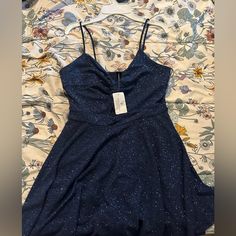 Size:L Blue Fit And Flare Party Mini Dress, Blue Sundress Midi Dress For Party, Blue Sundress For Party, Blue V-neck Fit And Flare Mini Dress, Blue A-line Dress For Night Out, Blue Fit And Flare Mini Dress With V-neck, Blue Fit And Flare V-neck Dress, Blue Fit And Flare Mini Dress For Cocktail, Blue Fit And Flare Dress For Night Out