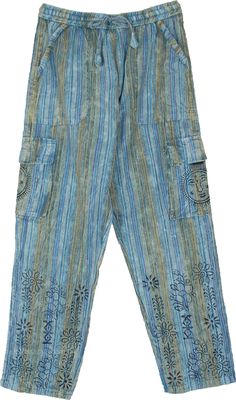 Feel a wave of cool and free-flowing breeze with these easy unisex summer pants. These are made of cotton and have an elastic drawstring waist and relatively narrow Legs They have two functional sidepockets and two box pockets on the front. #tlb #SplitSkirtsPants #Pocket #Striped #bohemianfashion #hippiepants Blue Summer Cargo Pants With Hip Pockets, Comfortable Summer Harem Pants With Pockets, Blue Cargo Pants With Hip Pockets For Summer, Blue Hippie Harem Pants With Pockets, Hippie Blue Bottoms With Pockets, Blue Hippie Relaxed Fit Bottoms, Blue Relaxed Fit Hippie Bottoms, Summer Vacation Cargo Pants, Casual Cotton Cargo Pants For Vacation