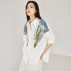 Van Gogh inspired shirt Relaxed Fit Cotton Blouse With Abstract Print, Artsy White Summer Art, Cotton Blouse With Abstract Print In Relaxed Fit, Cotton Blouse With Abstract Print And Relaxed Fit, Artsy Cotton Summer Shirt, Artsy Cotton Shirt For Summer, Artistic White Top With Artwork, Oversized White Blouse With Graphic Print, Artistic Tops With Artwork For Summer