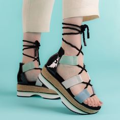 Very Cute And Colorful Platform Sandals. Cute Tie Up And Would Look Great With A Dress Or Capris/Cropped Jeans. Never Worn. Casual Lace-up Platform Sandals, Casual Lace-up Flat Sandals, Casual Black Lace-up Sandals For Summer, Casual Platform Lace-up Sandals For Vacation, Casual Synthetic Platform Lace-up Sandals, Casual Lace-up Platform Sandals In Synthetic Material, Casual Synthetic Lace-up Sandals With Cushioned Footbed, Casual Synthetic Lace-up Sandals With Platform, Trendy Spring Lace-up Sandals With Ankle Strap