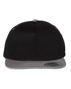 a black and grey hat with a white visor on the front, side view