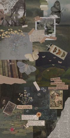 an altered collage of pictures and text on newspaper paper, with butterflies flying over them