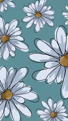 a blue background with white flowers and brown centers