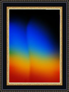 an abstract painting in gold frame with blue, orange and yellow colors on black background