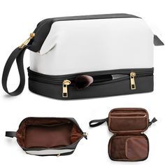 an open black and white bag with three compartments on the bottom, two zippered pouches at the front and one inside