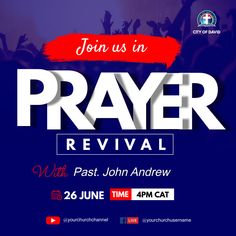 an event poster with the words join us in prayer revival, and people raising their hands