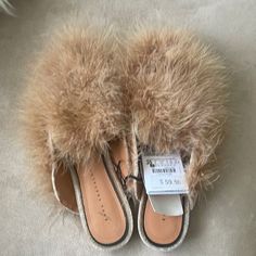 Brand New- Never Worn. Tags Attached. Special Edition Fur Zara Slides Zara Casual Beige Sandals, Zara Beige Casual Sandals, Casual Beige Zara Sandals, Chic Beige Sandals For Fall, Chic Beige Fall Sandals, Zara Slides, Gold Slippers, Orange Flats, Zara Flats