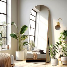 a large mirror sitting on top of a wooden floor next to a plant in a pot