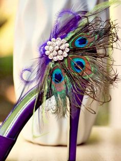 Shoe Clips Peacock Fan. Couture Bride Bridal Bridesmaid MOH, Birthday Feminine Sparkly Rhinestone, Statement Luxe Fancy Engagement Party. $63.50, via Etsy. Peacock Shoes, Purple Wedding Shoes, Feather Shoes, Purple Peacock, Peacock Theme, Purple Heels, Peacock Wedding, Shoe Gallery, Peacock Feathers