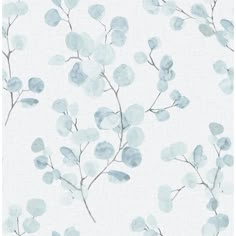 a blue and white wallpaper with leaves on it