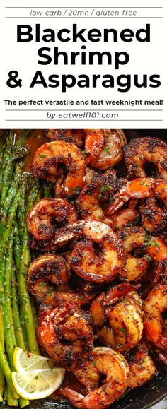 grilled shrimp and asparagus in a skillet with lemon wedges