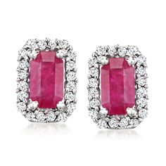 Ross-Simons - .60ct t. w. Ruby, .11ct t. w. Diamond Earrings in 14kt White Gold. Here's a classic pair for your traditional taste. Our radiant earrings feature .60 ct. t. w. rectangular emerald-cut rubies framed by .11 ct. t. w. round diamonds, the perfect icy complement to their fiery hue. Crafted in polished 14kt white gold. Post/clutch, diamond and ruby earrings. Ruby birthstones are the perfect gift for July birthdays. Emerald Cut Halo Setting Earrings For Anniversary, Emerald Cut Earrings With Halo Setting For Anniversary, Emerald Cut Diamond Accent Earrings For Anniversary, Diamond Cluster Earrings With Gemstones For Anniversary, Sapphire Diamond Earrings For Anniversary, Emerald Cut Halo Earrings For Anniversary, Emerald Cut Diamond Earrings With Halo Setting, Ruby And Diamond Earrings, Ruby Birthstone