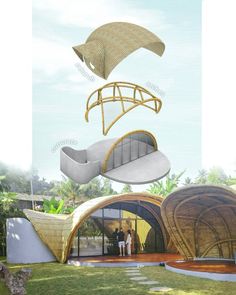 an artistic rendering of a floating house in the air with two people standing inside it