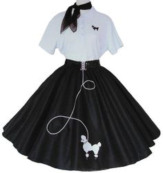 3 pc. Poodle Skirt Outfit includes:  (Sequin belt NOT included) 1)  Poodle Skirt - Felt, 2.5" black elastic waistband, iron on poodle, sewn on rick rack leash       S (24"-32") L 25" ---  M (28"-34") L 25"  ---  L (30-36") L 25"      XL (32-40") L 25" ---  2X (34-46") L 27"  ---  3X (36"-50") L 27" 2) White or Black Polo  - Available with an iron on poodle applique or initial ($2.50 extra)     **The black skirt with the pink poodle and leash will come with a white polo shirt and pink poodle/initial.          The pink polo is not available at this time** 3) Organza/Chiffon Scarf - Available in black, black w/white polka dots, candy pink, or red Want to add a petticoat for a little more fullness?  https://www.etsy.com/HipFiftiesFashion/listing/1498555615/white-rockabilly-1950s-style-petticoa Poddle Skirt, 1950s Poodle Skirt, Poodle Applique, Poodle Skirt Outfit, Poodle Dress, Poodle Skirts, Lavender Skirt, Rok Outfit, Poodle Skirt