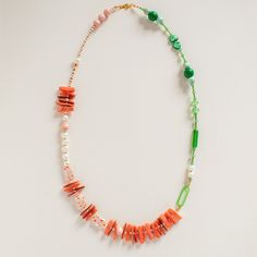 This 27" matinee necklace features an off-center green vintage acrylic oval, reflective of the colors and structures of the Duomo in Florence. Crafted from upcycled vintage beads. Dyed Coral Millefiori Glass Beads Freshwater Pearls Wood Beads Glass Beads Vintage German Acrylic Oval + 14K Gold Plated Spring Ring Clasp ⚡️ Each piece is handcrafted at my studio in Brooklyn. ⚡️ There may be slight variations in the beads due to their uniqueness / natural materials. Vintage Green Oval Bead Necklaces, Green Oval Beaded Chain Jewelry, Green Single Strand Long Beaded Necklace, Handmade Retro Green Jewelry, Green Long Single Strand Beaded Necklace, Green Oval Beads Beaded Necklaces, Green Oval Beads Necklace, Unique Green Beaded Necklace With Oval Beads, Green Necklaces With Oval Beaded Chain