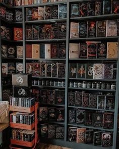 a book shelf filled with lots of books next to a wall covered in shelves full of books