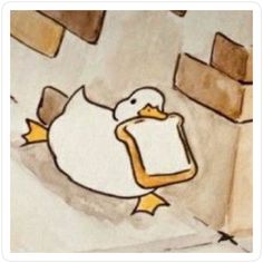 a drawing of a duck holding a piece of bread