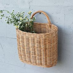 a wicker basket hanging on the wall with flowers in it