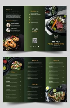 an open menu for a restaurant with green and yellow accents on the front and back