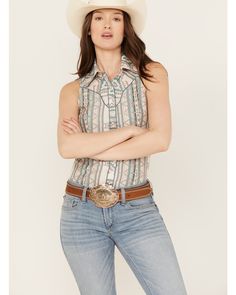 Model is 5'10 wearing a size small. 97% cotton / 3% elastane. Spread collar. Square snap placket. Sleeveless. Western yokes. Southwestern Print, Denim Details, Rock Roll, Boots For Sale, Denim Women, Rock And Roll, Womens Tops, Turquoise, Collar