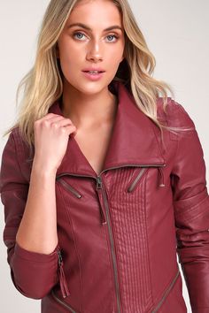 Lulus Exclusive! Weekday or not, spice up the night with the Lulus Up on a Tuesday Burgundy Vegan Leather Jacket! This sleek moto jacket has a collared neckline, long sleeves with zipper cuffs, and eye-catching top-stitching throughout. Gunmetal zippers provide a centered front zipper, decorative zipper pockets, and horizontal zips above the hem. Fit: This garment fits true to size. Length: Size small measures 20" from shoulder to hem. Bust: Great for any cup size. Waist: Loosely Fitted. Fabric: Fitted Collared Biker Jacket For Fall, Long Sleeve Biker Jacket With Zip Fly For Fall, Leather Jacket With Zipper Closure, Leather Jacket With Zipper Closure And Long Sleeves, Fitted Long Sleeve Biker Jacket For Fall, Fitted Collared Leather Jacket With Zipper, Fitted Collared Leather Jacket With Zipper Closure, Fitted Leather Jacket With Collar And Zipper, Fall Biker Jacket With Zipper Closure For Night Out