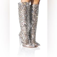 You Too Can Be As Sweet As Honey With These Embellished Pvc Boots In Silver By Azalea Wang! Featuring Is An Ultra-Embellished Icy Boot With A Clear Pvc Upper, A Knee-High Shaft, A Pointed Toe Silhouette, Glass-Like Rhinestone Embellished Detailing, And A Clear Heel. Complete With Silver Metallic Patent Accents And An Inner Ankle Zipper Closure. Pvc Upper - Pointed Toe - Clear Heel - 15” Shaft Height - 4.5” Heel Height - 13" Calf Circumference, 16" Top Shaft Circumference Bundle & Save! Tags: New Glamorous Embellished Evening Boots, Glamorous Evening Embellished Boots, Glamorous Sequined Party Boots, Sparkling High Heel Boots For Party Season, Winter Silver Sequined Boots, Glamorous Evening Boots With Sequins, Glamorous Embellished Boots For Night Out, Glamorous Sparkling Boots For Party Season, Sparkling Party Boots For Fall