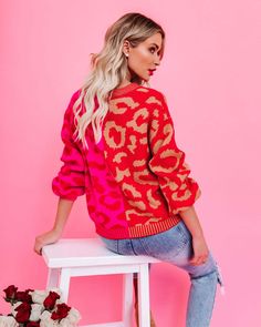 Leopard Print V-Neck Cardigan - Orange,S Chic Stretch Crew Neck Cardigan, Stretch Trendy Cardigan, Trendy Red Crew Neck Cardigan, Trendy Pink Fall Cardigan, Fitted Crew Neck Cardigan For Fall, Red Stretch Casual Cardigan, Casual Red Stretch Cardigan, Trendy Red V-neck Sweater, V-neck Stretch Cardigan For Winter