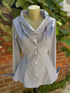 "This white striped cotton shirt has the perfect body fit.The cowl neck makes it feminine and playful.Can wear it with skirt or jeans for every day or add a little scarf to finish the look for the office. SIZE CHART SIZE S - US 6, UK 8, EU 36 bust: bust around 34.5\"/90cm Waist: waist around 27.5\"/70cm Hips: hips around 34.5\"/90cm SIZE M - US 8, UK 10, EU 38 bust: bust around 37.5\"/95cm Waist: waist around 29.5\"/75cm Hips: hips around 37.5\"/95cm SIZE L - US 10, UK 12, EU 40 bust: bust aroun Fitted Pinstripe Tops For Summer, Fitted Pinstripe Summer Tops, Chic Pinstripe Cotton Shirt, Elegant Striped Cotton Tops, Pinstripe Long Sleeve Blouse For Summer, Pinstripe Cotton Blouse With Striped Collar, Chic Striped Cotton Shirt, Cotton Pinstripe Blouse With Striped Collar, Elegant Striped Cotton Blouse