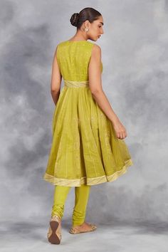 Lime green handwoven short anarkali with digitally printed floral motifs and placement embroidery. Paired with a plain churidar and a printed dupatta with attached tassels. - Aza Fashions Short Anarkali, Placement Embroidery, Sequin Short, Women Kurta, Printed Dupatta, Deep Plunge, Churidar, Gold Sequin, Set Women