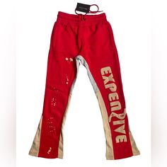 Expenzive Taste Clothing New Spring Collection Sweatpants Fits True To Size Extended For Stacked Effect. Puff Prints Upfront Embroidered On Back Pockets Red Wide Leg Sweatpants For Streetwear, Red Stretch Full-length Sweatpants, Red Stretch Full Length Sweatpants, Red Bottoms For Streetwear In Fall, Red Full Length Pants For Streetwear, Red Full Length Streetwear Pants, Red Stretch Sweatpants For Streetwear, Trendy Red Sweatpants For Streetwear, Red Streetwear Pants