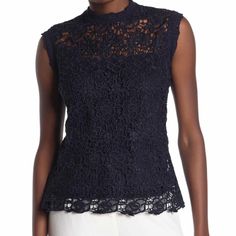 Pretty Lace Sleeve Less Top Featuring Floral Lace Design With Crochet Lace Trim Nwt Price $98 Mock Neck Back Exposed Gold Tone Zipper Length 23 Inches Size Small Material Polyester And Spandex Bin 6 Elegant Blue Lace Top, Elegant Blue Lace Top With Lace Trim, Elegant Blue Lace Top For Summer, Sleeve Less Top, Date Night Style, Lace Sleeveless Top, Crochet Lace Trim, Navy Lace, Fashion Night