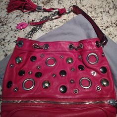 Used Once Vintage Betsey Johnson Leather Gorgeous Vibrant Fuschia Hand Or Shoulder Bag With Chain, Fringe And Signature Lips, Zipper Pocket Inside, Signature Leopard Print Inside Of Bag. (This Is The Most Expensive Bag I've Ever Owned) No Marks Anywhere. It's Been In Storage. Most Expensive Bag, Expensive Bag, Chain Fringe, Crystal Belt, Vintage Betsey Johnson, Bag With Chain, Betsey Johnson Bags, Diamond Quilt, Most Expensive