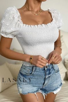 Lasaky - Stylish and Sophisticated Bubble Sleeve Fitted Short-Sleeve Top White Puff Sleeve Top, Shirred Blouse, Sleeves Clothing, Cropped Tops, Puff Sleeve Blouse, Puff Sleeve Top, Inspiration Mode, White Crop Top, Short Sleeve Blouse