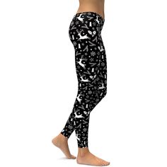 Classic black and white color combination + Christmas cheer = the Gearbunch Black Reindeer Christmas Leggings. The super comfy black leggings are covered in cute little reindeer, holly leaves, and snowflakes in white and grey tones. The stretchy soft fabric, flattering fit and elastic waist make these leggings perfect all year round for gym, yoga and all your favorite sports and hobbies. Be Happy, Be Bright, Be You with Gearbunch Fitted Black Bottoms For Christmas, Stretch Black Bottoms For Christmas, Black Reindeer, White Reindeer, Christmas Leggings, Gymshark Leggings, Holly Leaves, Best Workout, Black And White Color