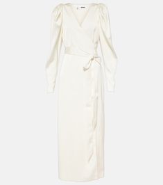 Satin wrap dress in white - Rotate | Mytheresa Elegant V-neck Faux Wrap Dress, Elegant Maxi Length V-neck Dress For Brunch, V-neck Tie Waist Dress For Daywear, Fitted V-neck Maxi Dress In Viscose, Fitted Maxi Length V-neck Dress For Daywear, Fitted V-neck Belted Dress For Daywear, Chic V-neck Party Dress With Tie Waist, Elegant Fitted Belted V-neck Dress, Chic V-neck Midi Dress With Tie Fastening