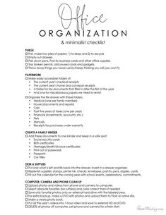 the office organization checklist is shown in black and white, with text on it