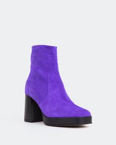 Detail(s): Rounded Square Toe 3.15” Heel 0.80” Platform Medial Side Zip Material(s): Leather Suede Upper Padded Insole Made in Italy Color(s): Purple Rounded Square, Purple Suede, Suede Booties, Side Zip, Violet, Ankle Boot, Genuine Leather, In Italy, Womens Sizes