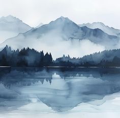 a watercolor painting of mountains and trees in the distance, with blue sky reflected in the water