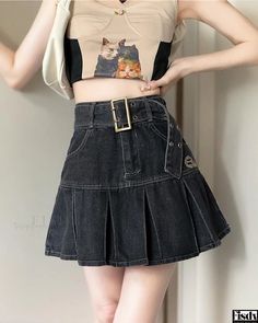 Fisdy - Stylish Half-length A-line Denim Skirt with Retro High-waisted Design - Elevate Your Fashion Game Media Cola, High Waisted Short Skirt, Midi Denim Skirt, A Line Denim Skirt, Short Pollera, High Waisted Denim Skirt, Midi Denim, Short Denim Skirt, Ulzzang Fashion