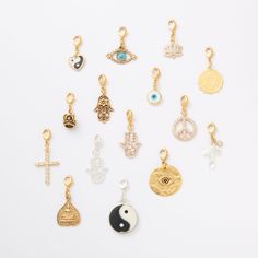 A collection of spiritual symbols from East and West, designed to inspire, protect and uplift~ Priced per charm. *Use code CHARMY for 15% off any 3 or more charms! Spiritual Symbols, Crystal Cross, Star Of David, Peace Sign, Yin Yang, Evil Eye, Charms, Crystals, Silver