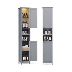 a tall gray cabinet with two doors and shelves on both sides, one door open to reveal the pantry