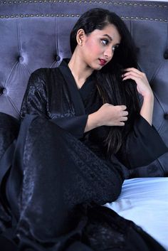 black silk robe Black V-neck Sleepwear For Relaxation, Black Long Sleeve Robe For Loungewear, Elegant Long Black Robe, Black Long Sleeve Sleep Robe, Elegant Black V-neck Robe, Elegant Black Kimono For Loungewear, Elegant Black Loungewear Kimono, Black Sleep Robe, Silk Bathrobe