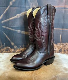 R. Watson Men's Black Cherry Brush Off R Toe Western Cowboy Boots RW7008-3 - Painted Cowgirl Western Store Cowboy Boots For Men, Handcrafted Boots, Western Store, Cowgirl Western, Boots For Men, Cowboy Boot, Western Cowboy Boots, Black Cherry, Western Cowboy