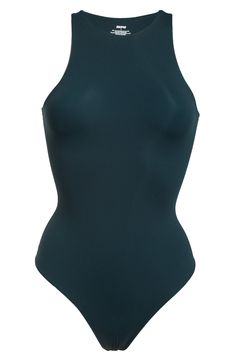 Sculpt your body's natural shape with a high-neck bodysuit from Kim Kardashian West's SKIMS that holds you in and lifts you up in all the right places. Reflecting the brand's passion for highly technical shapewear solutions for every body, this everyday piece has whisper-soft, seamless construction, high-cut legs and a thong back that remains invisible under clothing. Style Name:Skims Fits Everybody High Neck Bodysuit (Regular & Plus Size). Style Number: 6125046. Stretch Bodysuit With Built-in Bra, High Stretch Elastane Leotard For Swimming, Sleek Second-skin Elastane Shapewear, Sleek High Stretch Swimwear With Smoothing Feature, Sleek High Stretch Smoothing Swimwear, Sleek Compressive Smoothing Bodysuit, Fitted Bodysuit With Smooth Texture, Stretch Bodysuit With Moderate Back Coverage, Sleek Fitted Bodysuit For Swimming