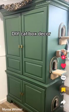 the cat box is green and has two cats on top