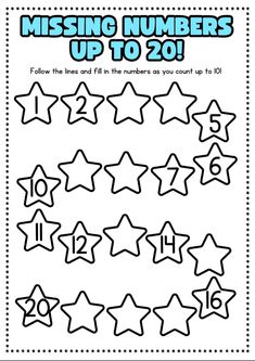 missing numbers up to 20 worksheet with stars and numbers in the middle one