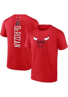 Show support for your favorite player in this Chicago Bulls Red Playmaker Demar DeRozan Short Sleeve Player Tee! This Player T Shirt features a screen printed team logo on the front, player name and number screen printed vertically on the back below secondary team logo, so everyone will know you cheer for Chicago, Demar DeRozan! This is the perfect Bulls Player Tee for wearing from every day to game day. Go Bulls! Screen printed team logo on chest, Screen printed player number on front, Screen p Red Graphic Print T-shirt For Fan Events, Sports Fan Cotton T-shirt For Fan Events, Sporty Cotton Tops For Fan Events, Collegiate Tops For Fan Events With Team Name, Sporty Tops With Team Logo For Fan Events, Team-colored Tops For Sports Season Fan Events, Sporty Tops With Logo Print For Fan Events, Fan Apparel Tops With Team Logo For Sports Events, Team-colored Cotton T-shirt For Fan Events