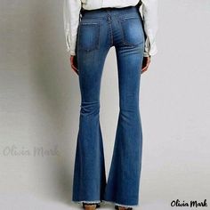 Olivia Mark - Classic High-Waisted Flare Jeans with Vintage Distressed Hem - Blue Fitted Washed Blue Flare Jeans For Summer, Summer Fitted Washed Blue Flare Jeans, Fitted Washed Blue Bottoms, Slim Fit Blue Bottoms For Fall, Blue Slim Fit Bottoms For Fall, Casual Flare Bottoms In Solid Color, Fitted Washed Blue Bottoms With Frayed Hem, Stretch Washed Blue Flare Jeans For Summer, Fitted Full Length Washed Blue Bottoms